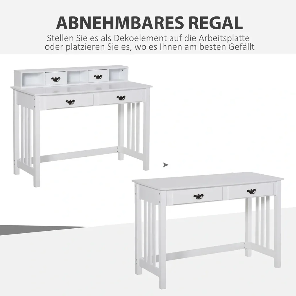 Schreibtisch mit abnehmbarem Regal 2 Schubladen Breite Tischplatte für Arbeitszimmer Büro und Wohheim Weiß