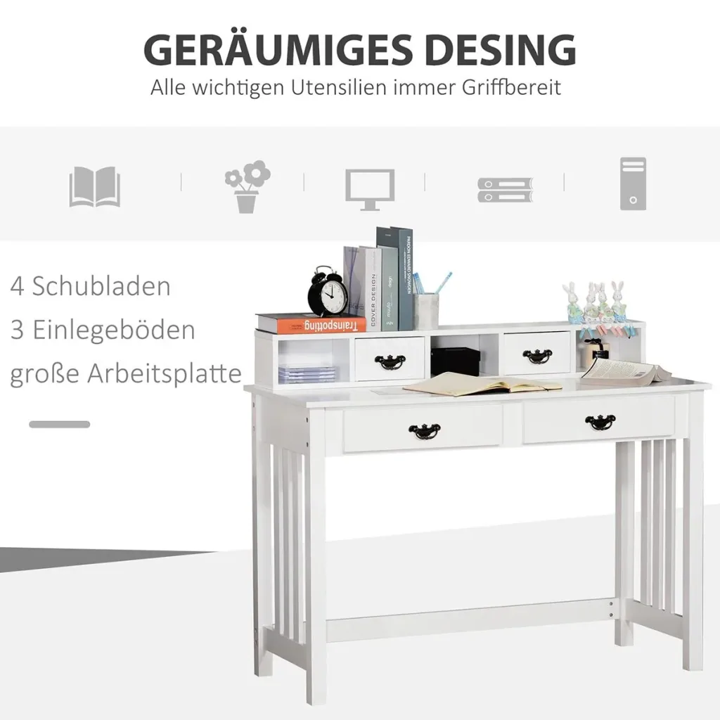 Schreibtisch mit abnehmbarem Regal 2 Schubladen Breite Tischplatte für Arbeitszimmer Büro und Wohheim Weiß