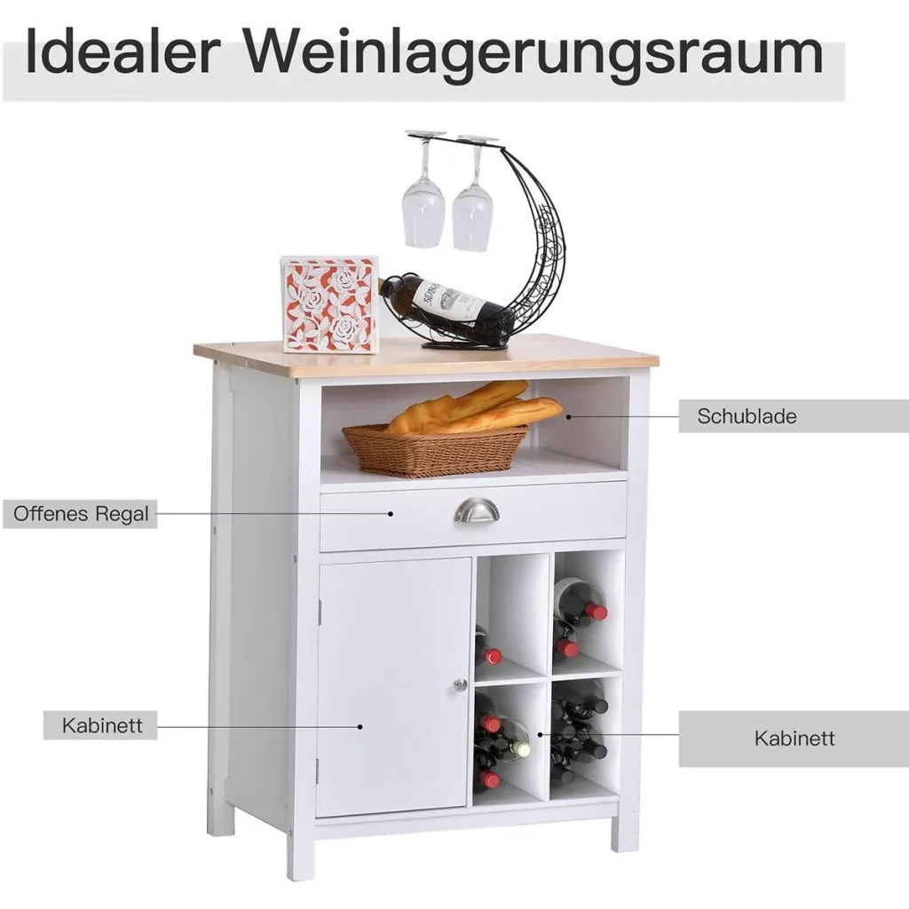 Küchenschrank Beistellschrank Kommode Schrank Sideboard Badezimmerschrank mit Schublade und Weinregal Weiß, 70 x 45 x 88