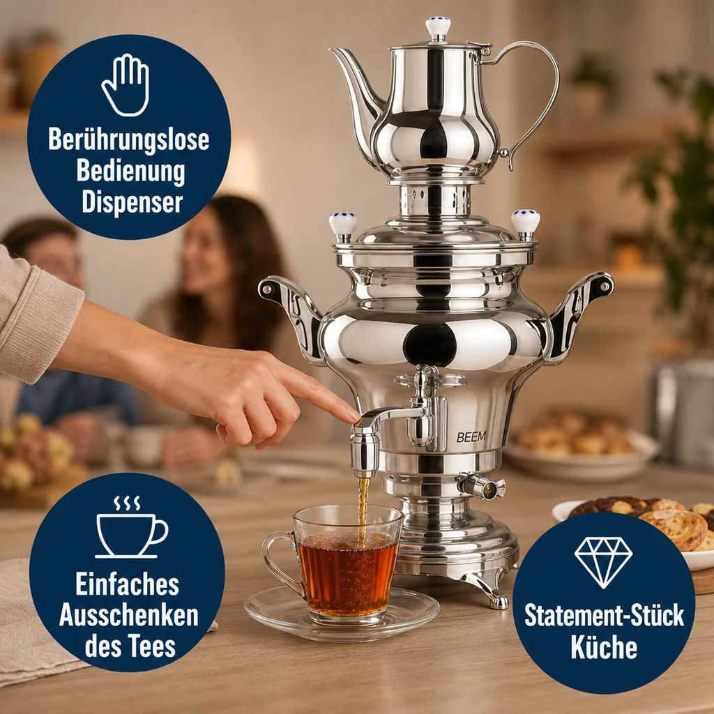 Samowar mit Teekocher, Russischer Teekessel Elektrisch - Rebecca III, mit Dispenser, Edelstahl, 5L