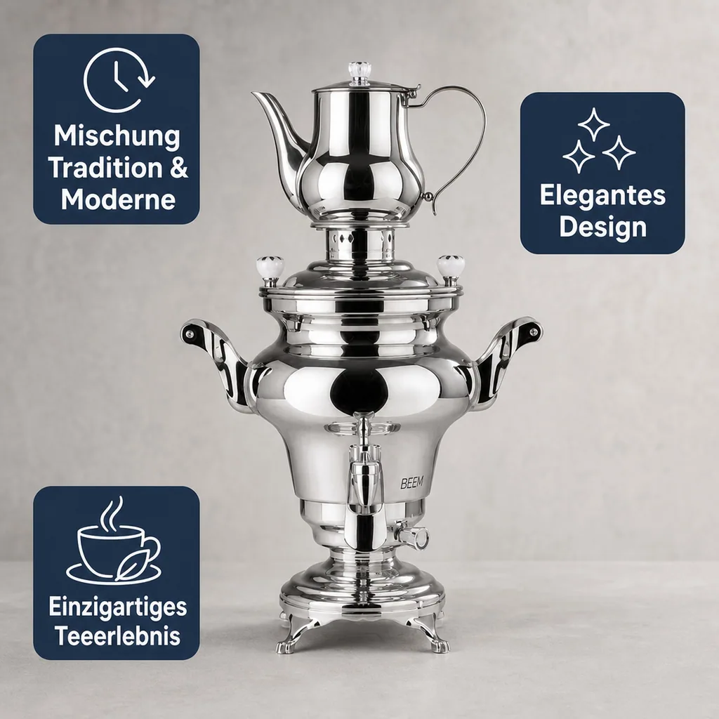Samowar mit Teekocher, Russischer Teekessel Elektrisch - Rebecca III, mit Dispenser, Edelstahl, 5L
