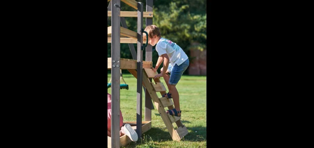 Holz Spielgerüst Barbary, Outdoor-Klettergerüst für Kinder, Doppelschaukel, Rutsche, Leiter, Sandkasten, anthrazit