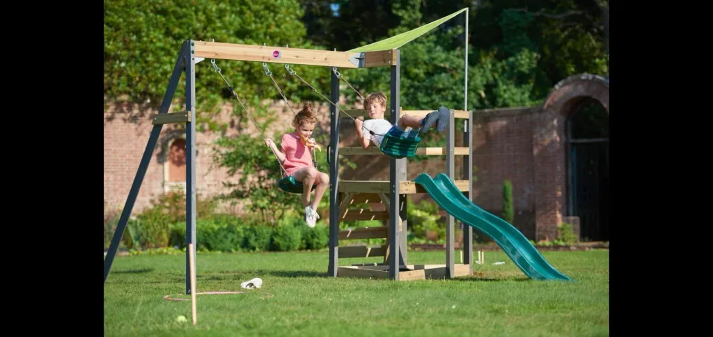 Holz Spielgerüst Barbary, Outdoor-Klettergerüst für Kinder, Doppelschaukel, Rutsche, Leiter, Sandkasten, anthrazit