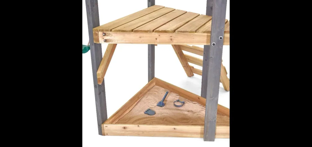 Holz Spielgerüst Barbary, Outdoor-Klettergerüst für Kinder, Doppelschaukel, Rutsche, Leiter, Sandkasten, anthrazit