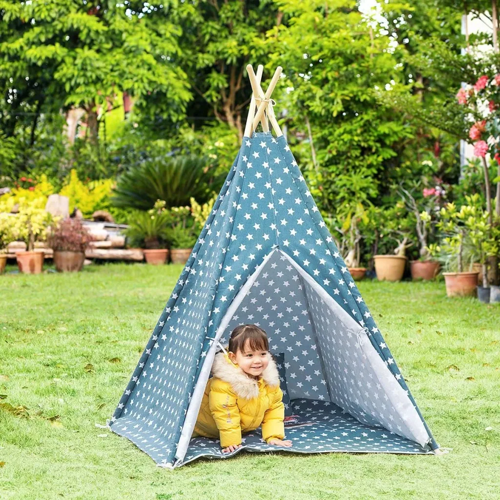 Tipi-Zelt für Kinder mit Bodenmatte und Kopfkissen, Blau+Weiß, 120 x 120 x 155 cm
