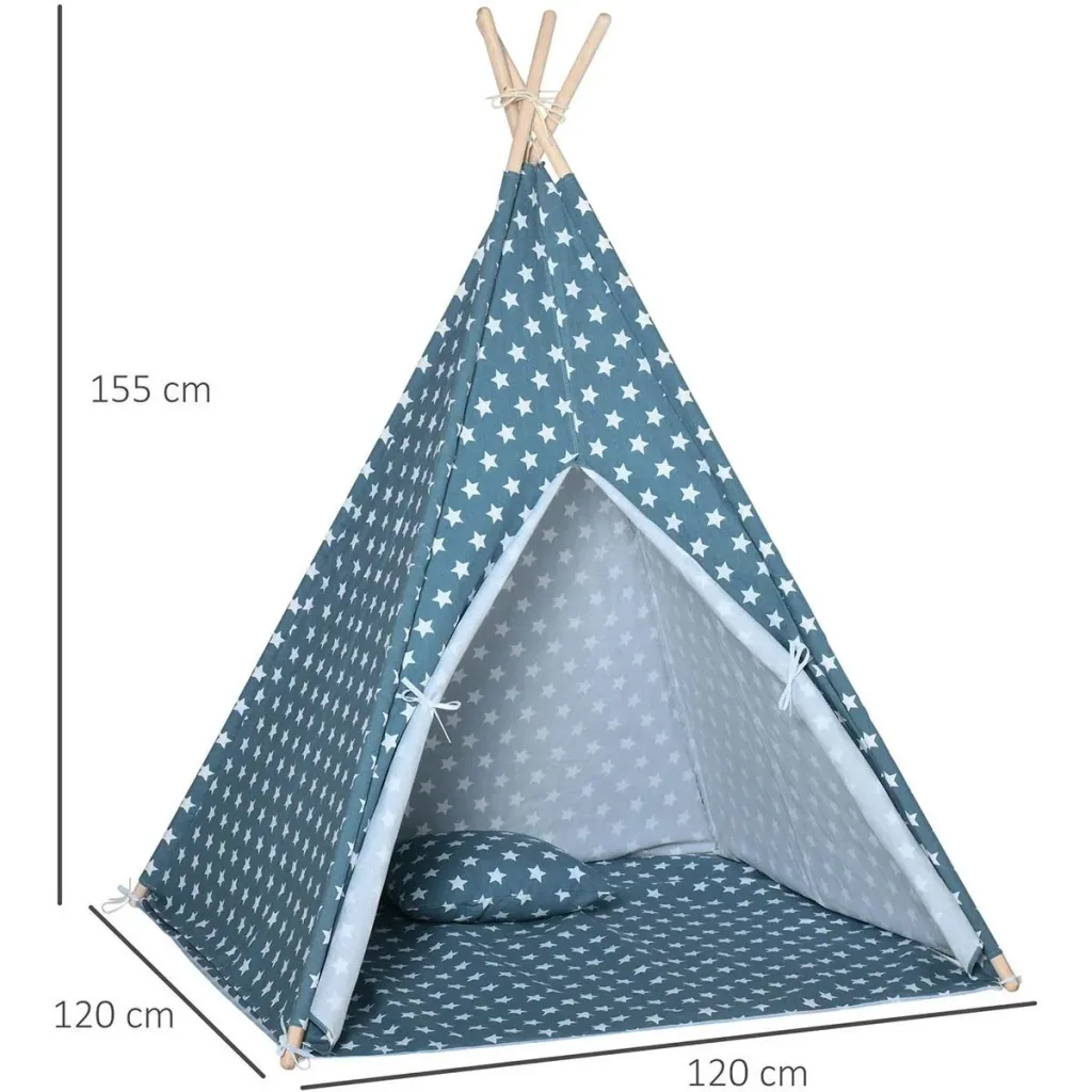 Tipi-Zelt für Kinder mit Bodenmatte und Kopfkissen, Blau+Weiß, 120 x 120 x 155 cm