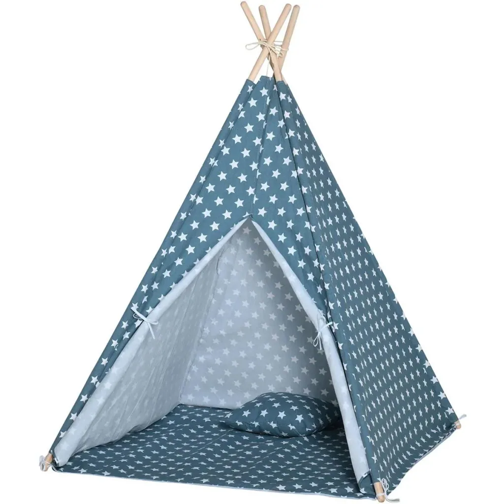 Tipi-Zelt für Kinder mit Bodenmatte und Kopfkissen, Blau+Weiß, 120 x 120 x 155 cm