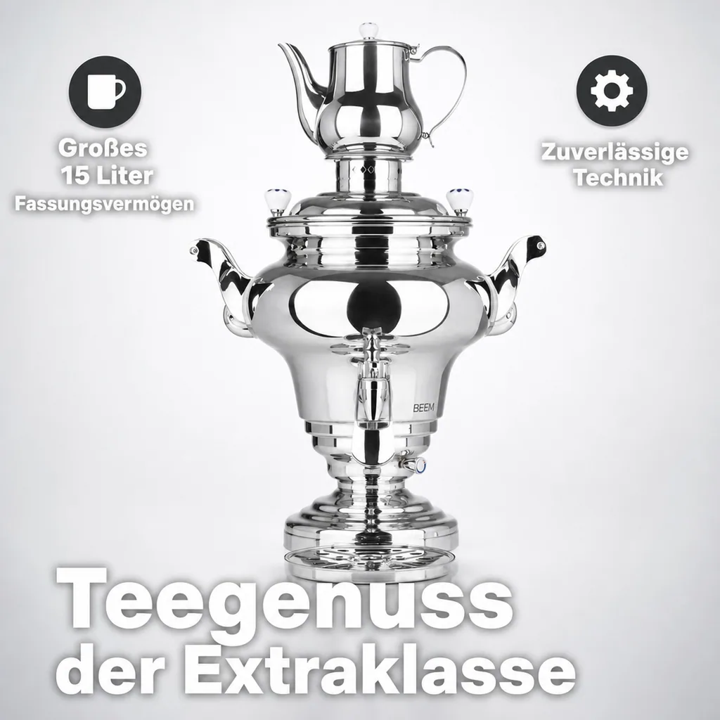 Samowar mit Teekocher, Russischer Teekessel Elektrisch - Royal, mit Dispenser, Edelstahl, 15L