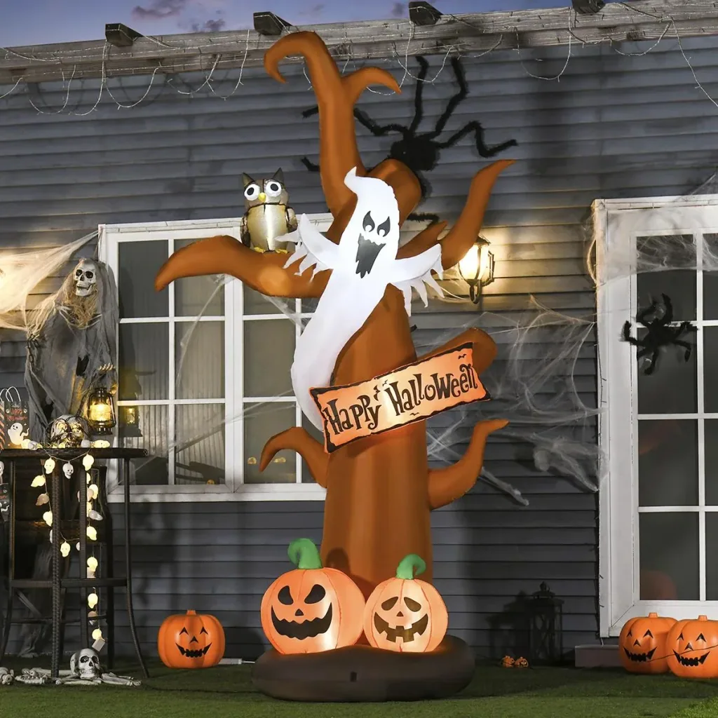 Aufblasbarer Halloween Baum Kürbis Deko Figur Luftfigur mit LED Beleuchtung Polyester Braun 156 x 107 x 274 cm