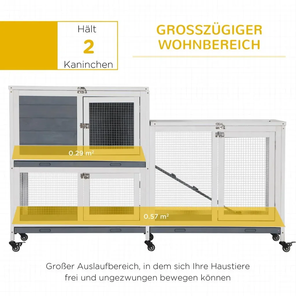Zwergkaninchenstall mit 6 Rädern öffenbarem Dach abschließbarer Tür Tannenholz Grau+Weiß 147 x 45,5 x 88,5 cm