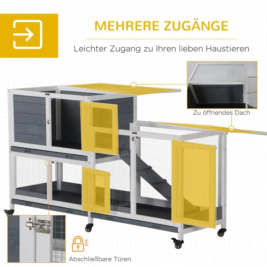 Zwergkaninchenstall mit 6 Rädern öffenbarem Dach abschließbarer Tür Tannenholz Grau+Weiß 147 x 45,5 x 88,5 cm