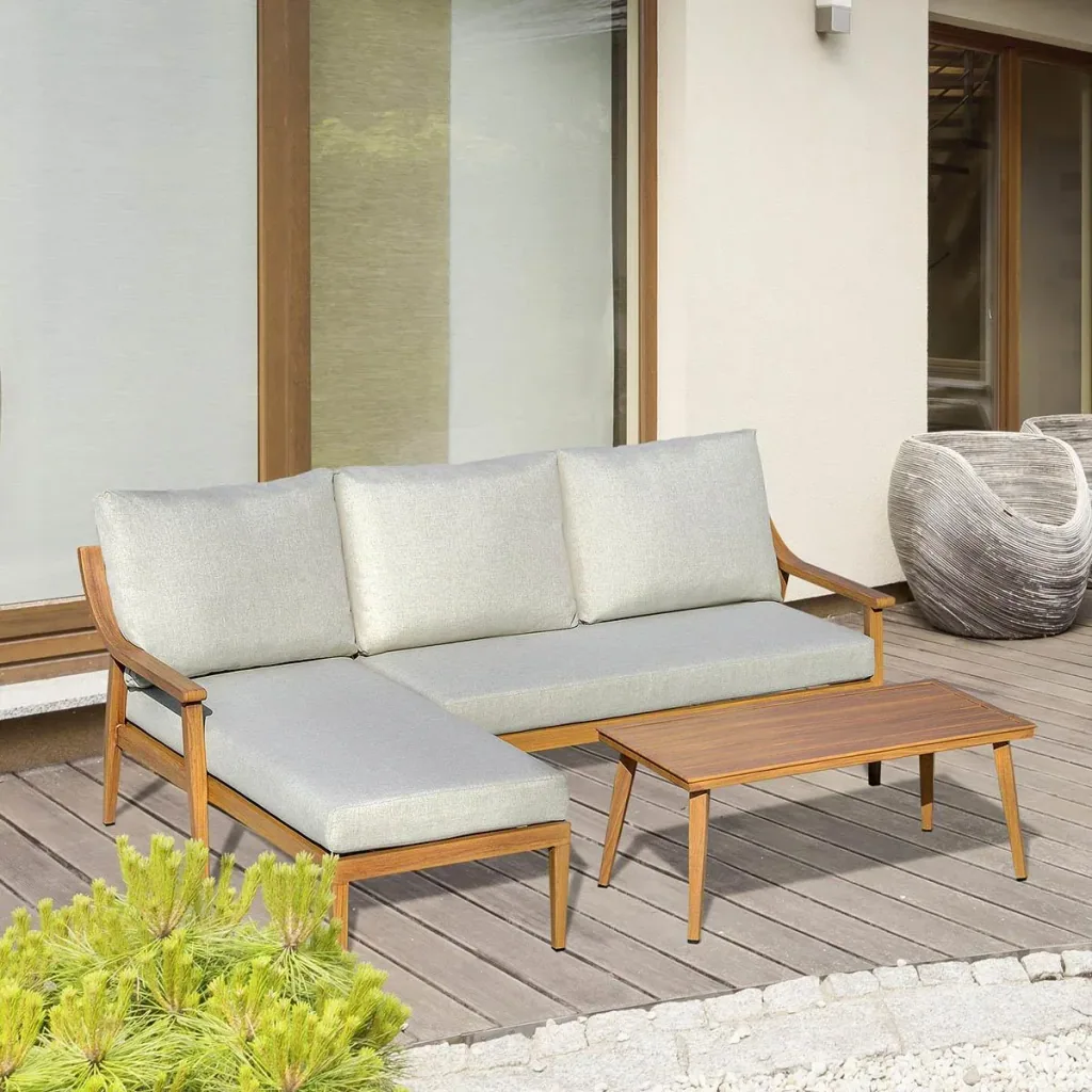 3-teiliges Gartenmöbel-Set mit Chaiselongue und Beistelltisch khaki