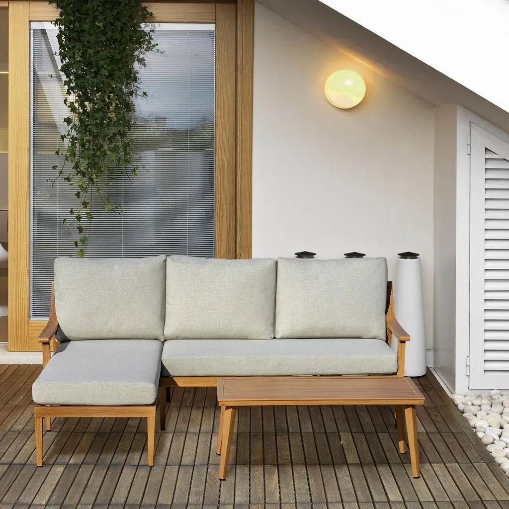 3-teiliges Gartenmöbel-Set mit Chaiselongue und Beistelltisch khaki