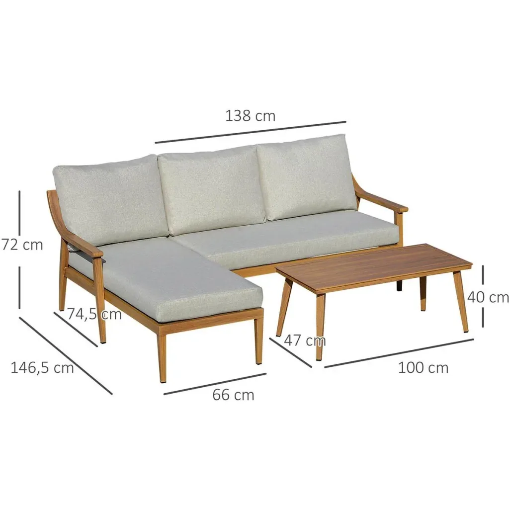3-teiliges Gartenmöbel-Set mit Chaiselongue und Beistelltisch khaki