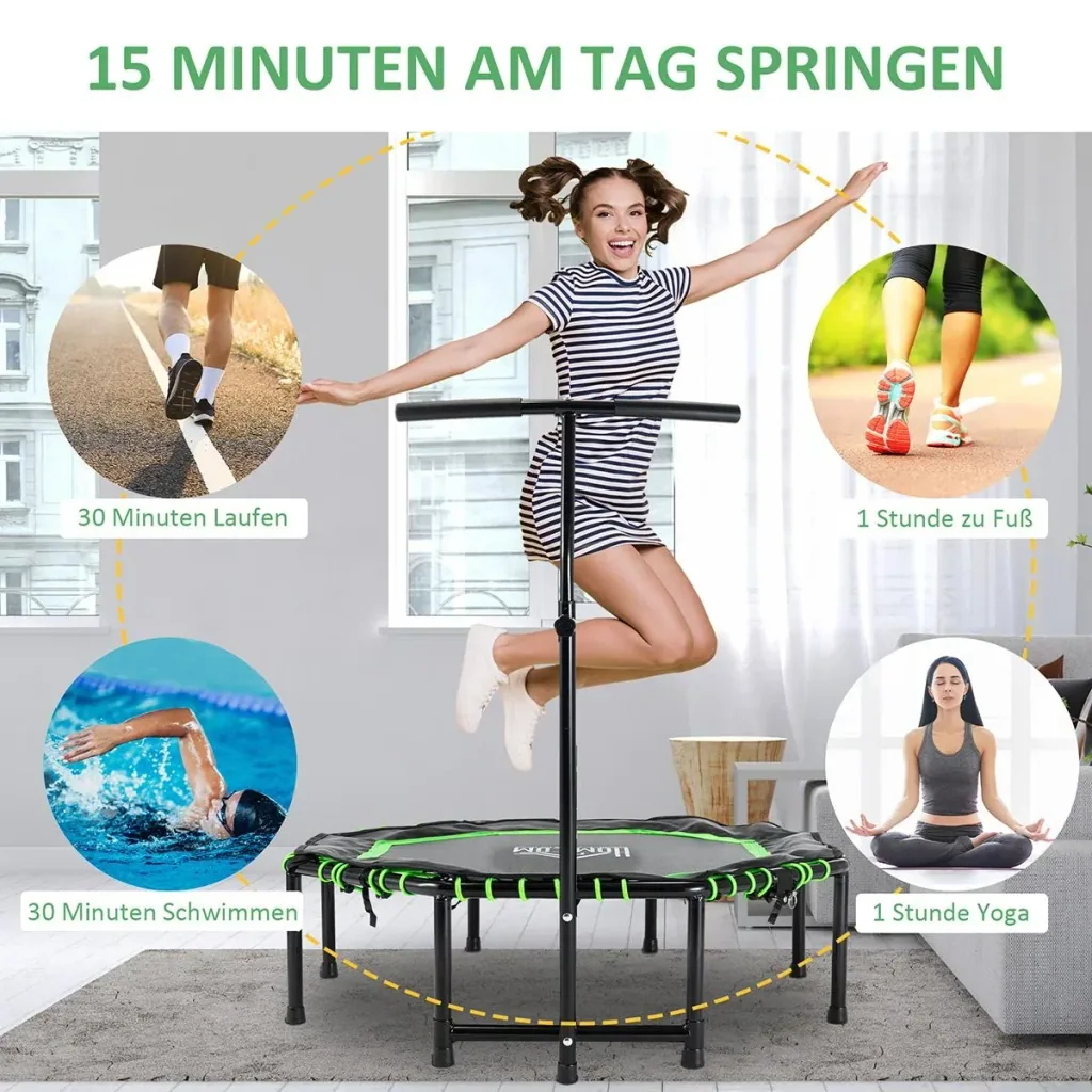 Fitness-Trampolin mit verstellbarem Griff klappbar Trampolin für Kinder und Erwachsene Gartentrampolin Stahl Grün+Schwar