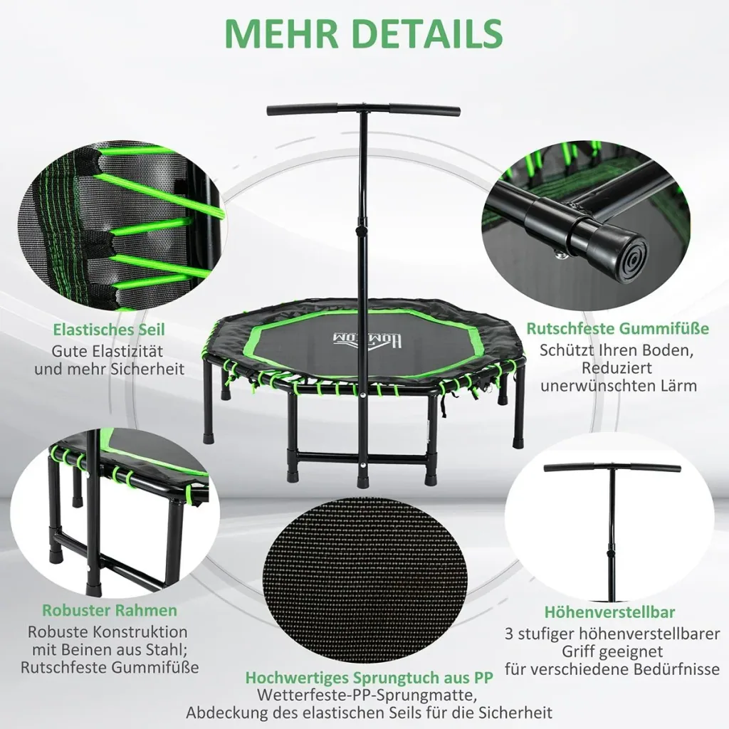 Fitness-Trampolin mit verstellbarem Griff klappbar Trampolin für Kinder und Erwachsene Gartentrampolin Stahl Grün+Schwar