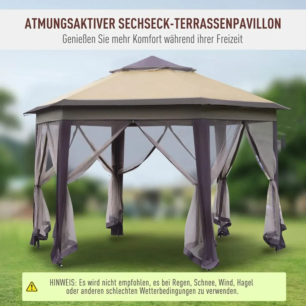 Gartenpavillon Faltpavillon 4 x 4 m Pop-Up-Zelt Partyzelt inkl. Tragetasche 6 Seitenteile Doppeldach sechseckig Kaffee+B