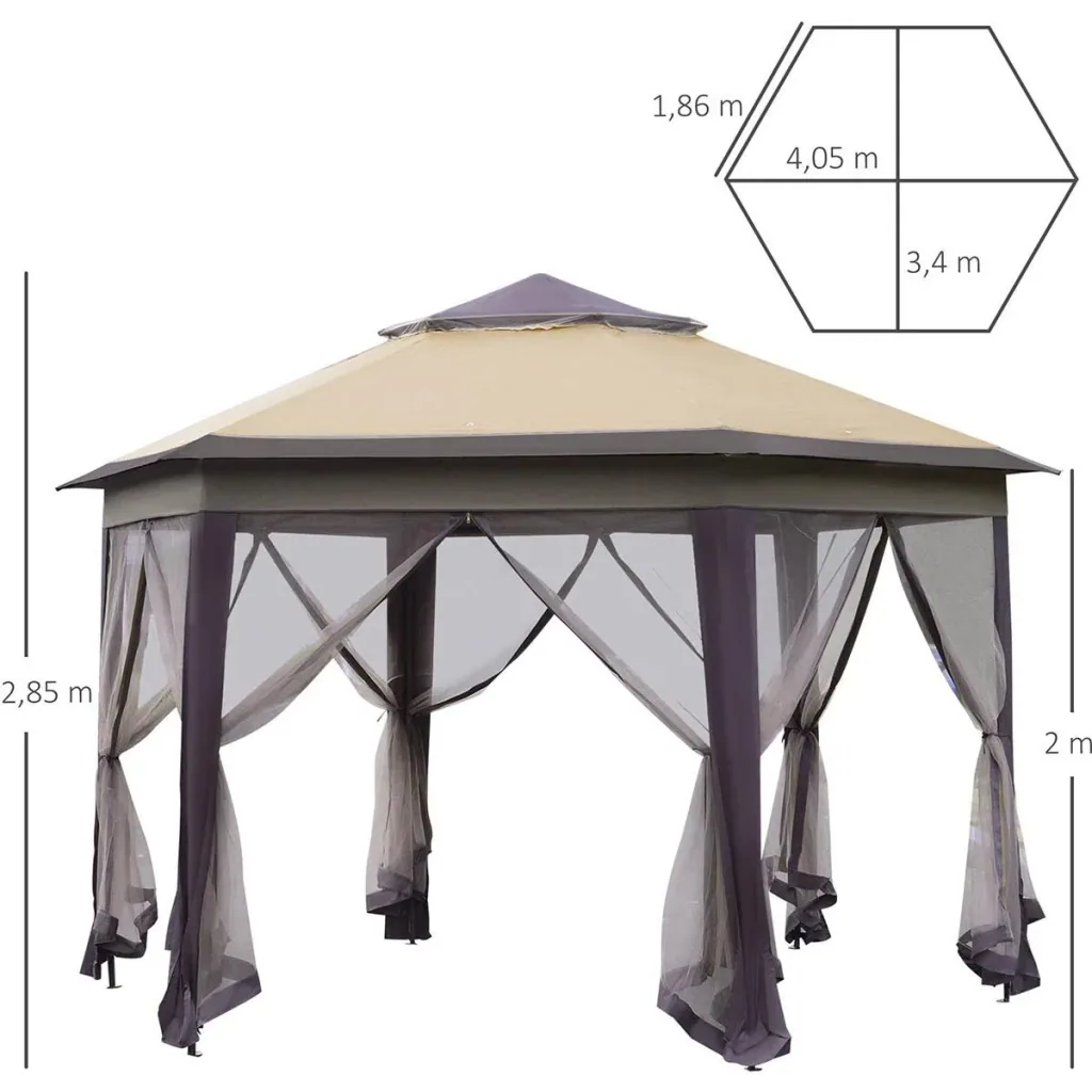 Gartenpavillon Faltpavillon 4 x 4 m Pop-Up-Zelt Partyzelt inkl. Tragetasche 6 Seitenteile Doppeldach sechseckig Kaffee+B