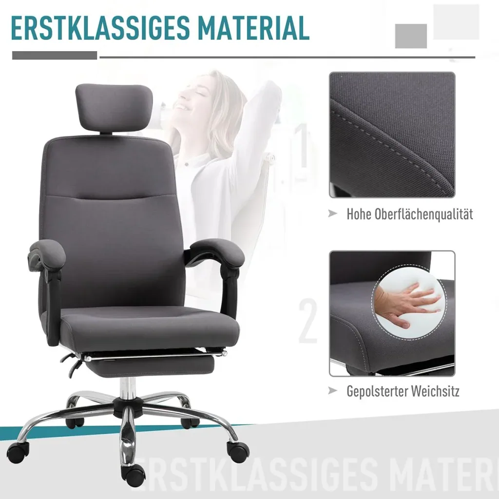 Bürostuhl mit Fußstütze&verstellbarer Kopfstütze, Ergonomisch höhenverstellbar, Grau, 62 x 64,5 x 120-135 cm