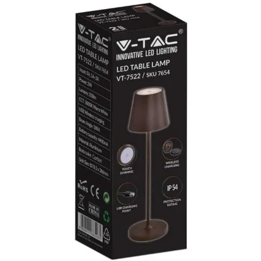 VT-7522 Tischleuchte - 3000K - Dimmbar über Touch - Wiederaufladbar - Braun- IP54