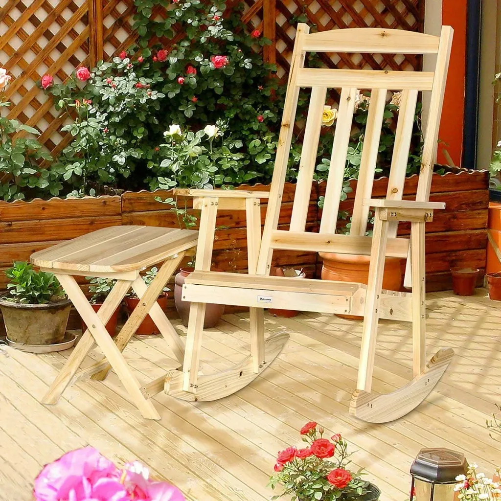 Holzschaukelstuhl mit Beistelltisch 2-teiliges Schaukelstuhlset mit Armlehnen und hoher Rückenlehne