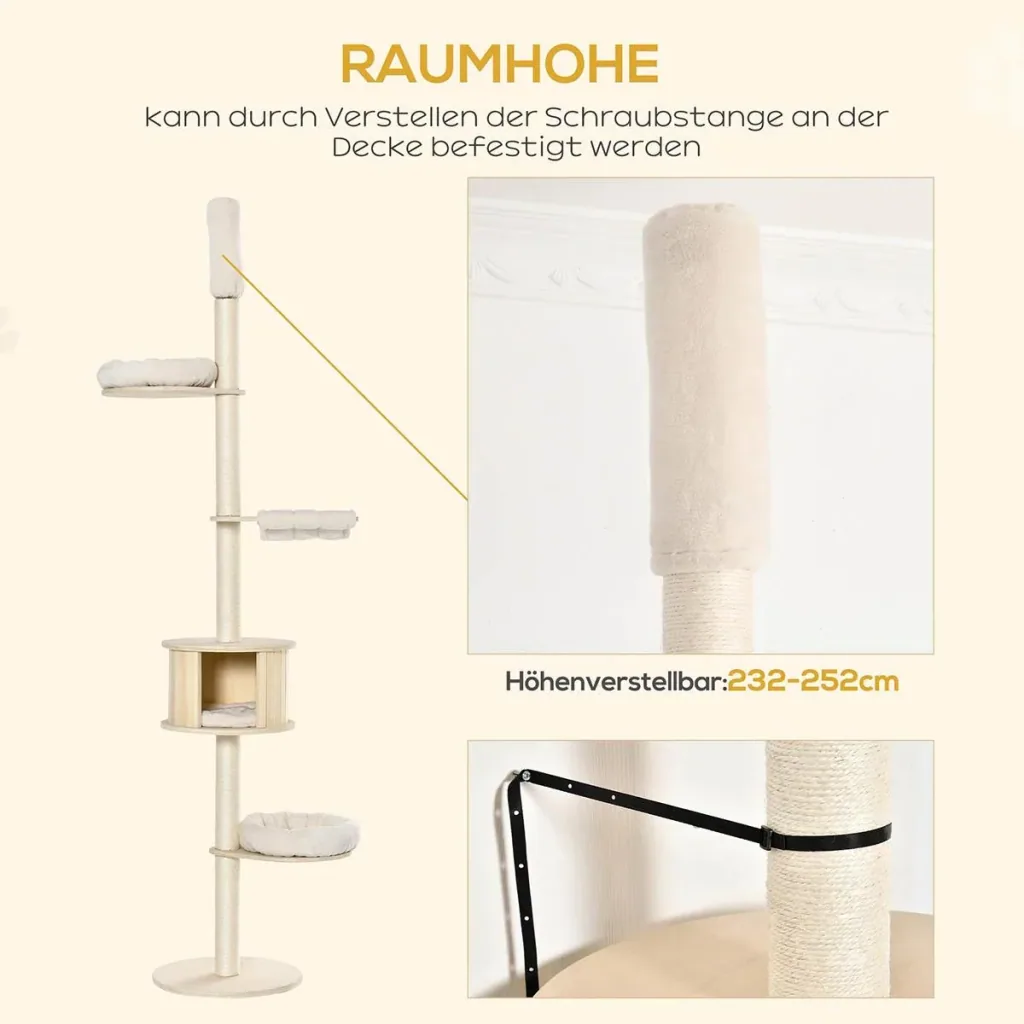 Kratzbaum Katzenbaum Deckenhoch Kletterbaum mit holz Katzenhöhle Sisal Plüsch höhenverstellbar Creme 50 x 50 x 232-252 c