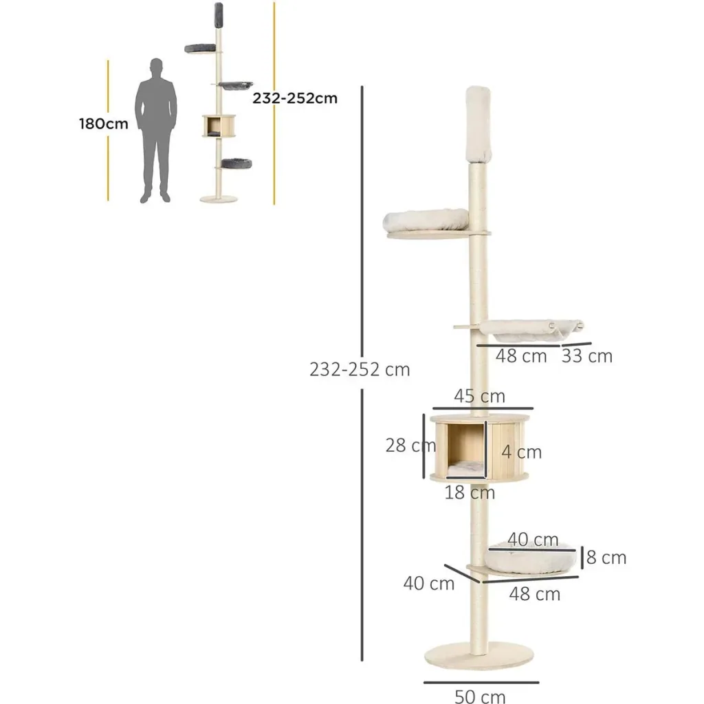 Kratzbaum Katzenbaum Deckenhoch Kletterbaum mit holz Katzenhöhle Sisal Plüsch höhenverstellbar Creme 50 x 50 x 232-252 c