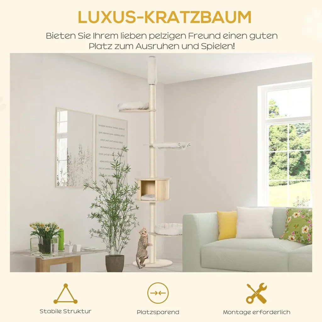 Kratzbaum Katzenbaum Deckenhoch Kletterbaum mit holz Katzenhöhle Sisal Plüsch höhenverstellbar Creme 50 x 50 x 232-252 c