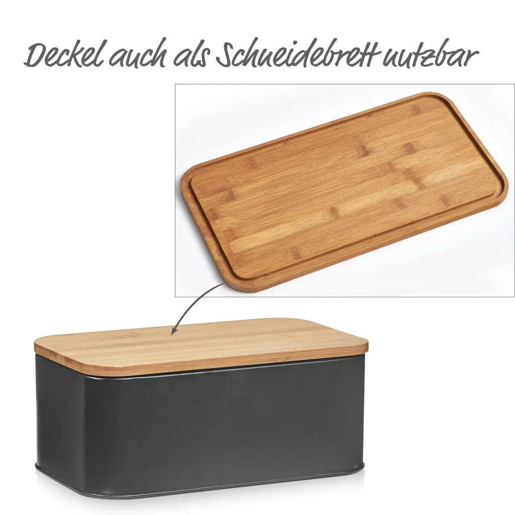 Brotkasten mit Bambusdeckel, Metall, matt schwarz
