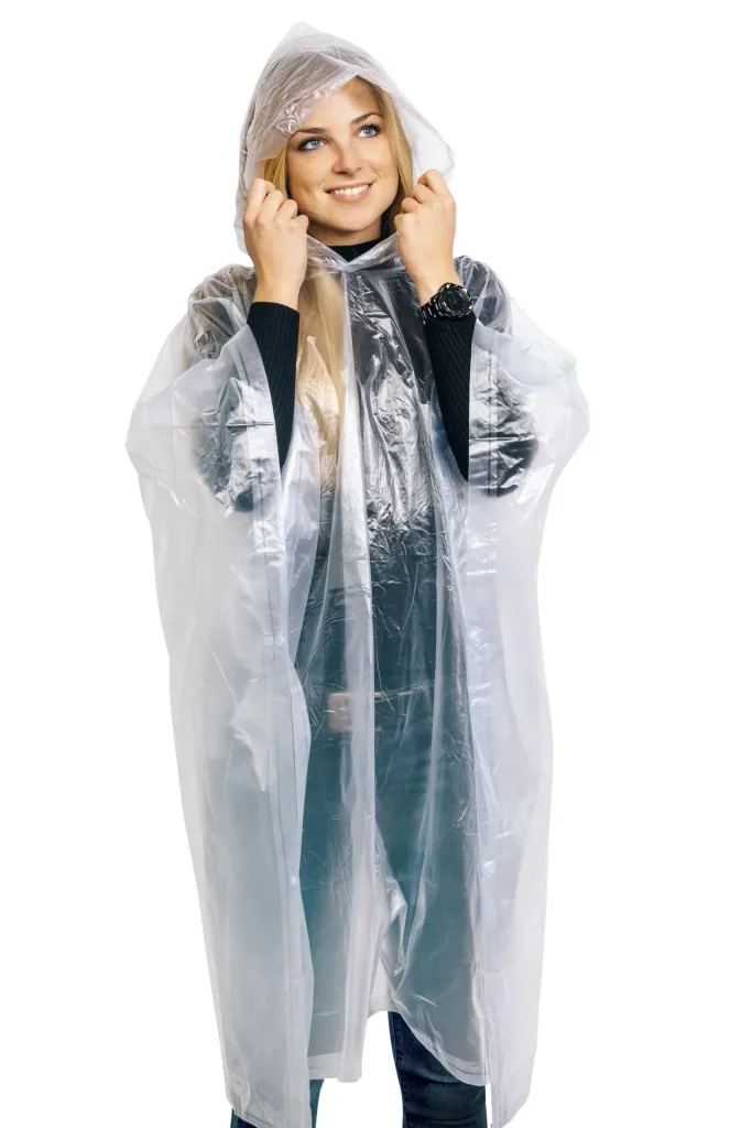 Regenponcho in Einheitsgröße, wasserfest, mit Druckknöpfen, Farbe transparent
