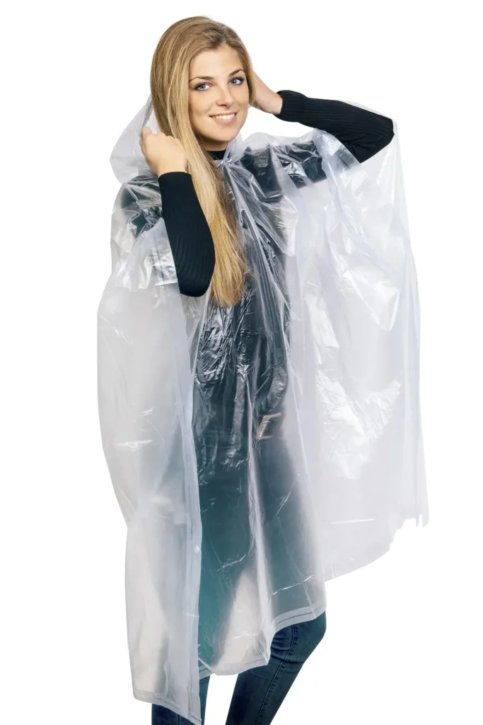 Regenponcho in Einheitsgröße, wasserfest, mit Druckknöpfen, Farbe transparent