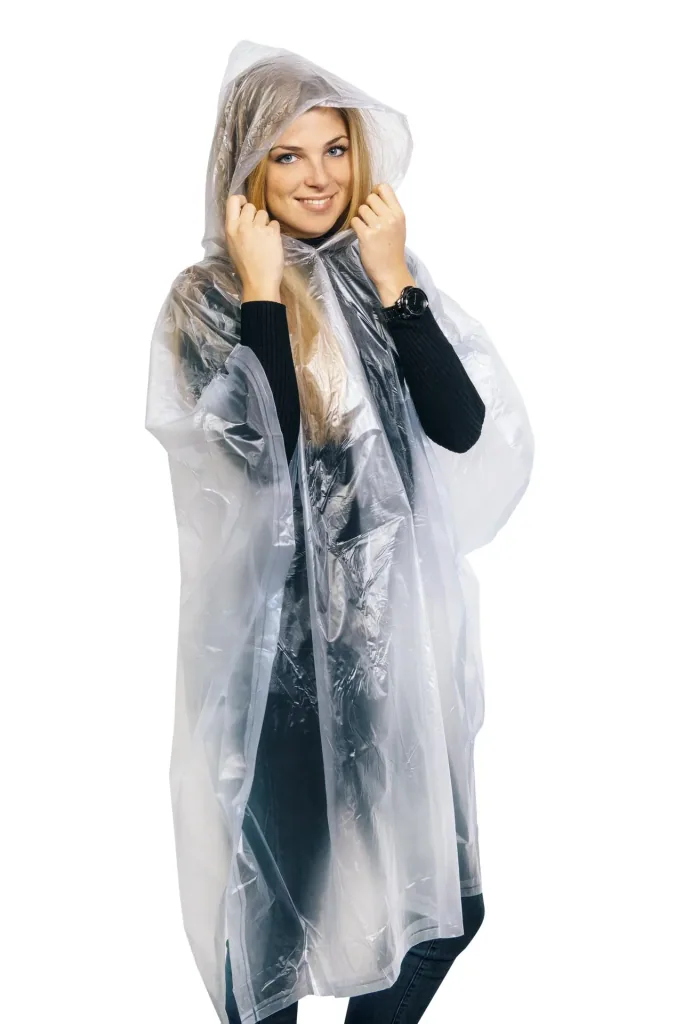 Regenponcho in Einheitsgröße, wasserfest, mit Druckknöpfen, Farbe transparent