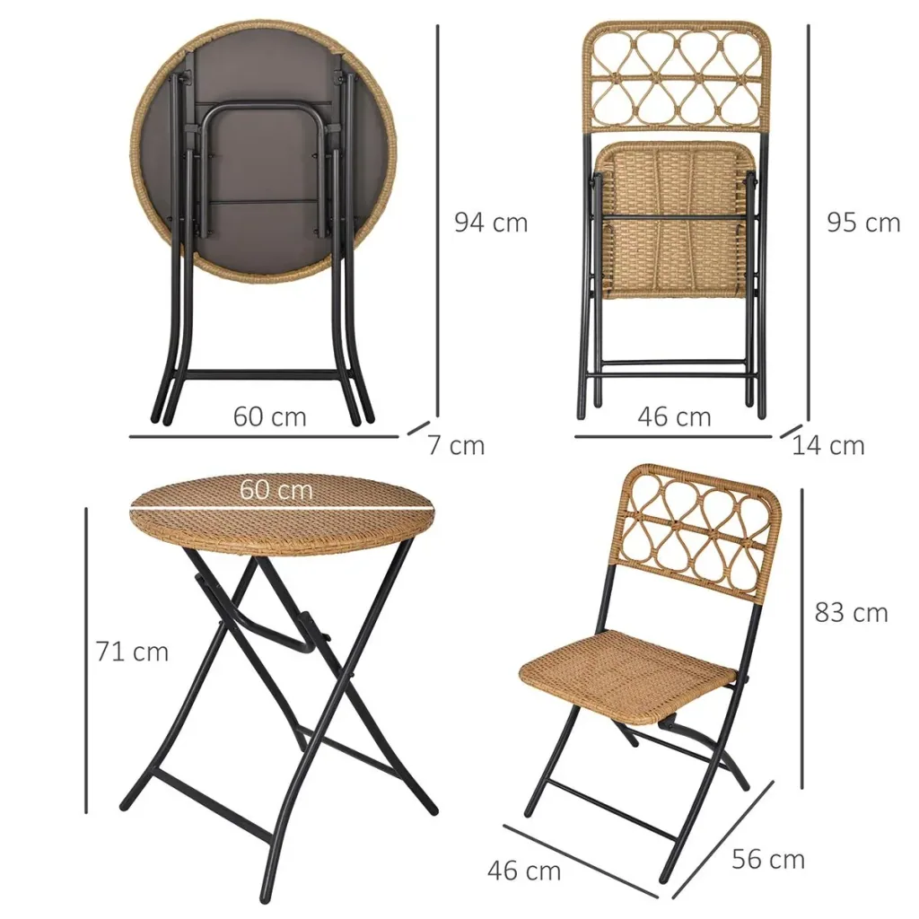 3 tlg. Polyrattan Sitzgruppe Bistroset Balkonset Garnitur 2 Stühlen + Tisch Klappbar Garten Natur