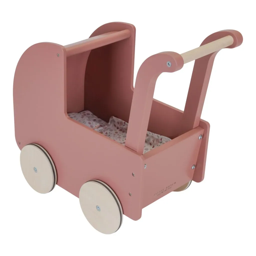 Little Dutch Puppenwagen, Puppenbuggy inkl. Stoff und Puppe: Lauflernwagen aus Holz mit Bettzeug für Puppen & Kuscheltiere