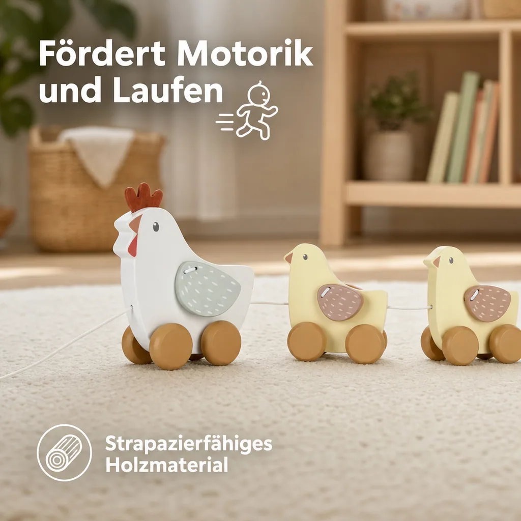 Little Dutch Nachziehtier Hühner: Holz Spielzeug zum Hinterherziehen - Fördert Motorik & Laufen lernen (ab 18 Monaten)