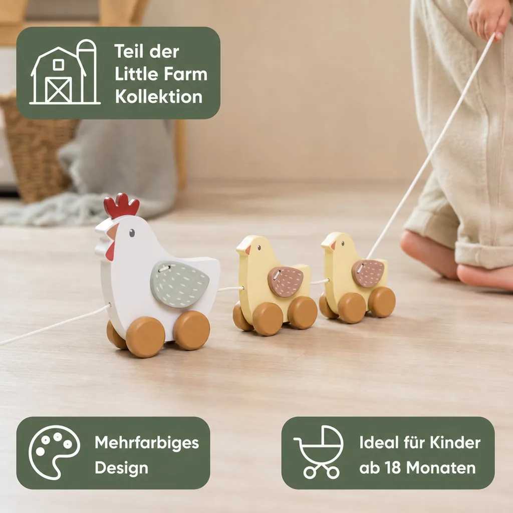Little Dutch Nachziehtier Hühner: Holz Spielzeug zum Hinterherziehen - Fördert Motorik & Laufen lernen (ab 18 Monaten)