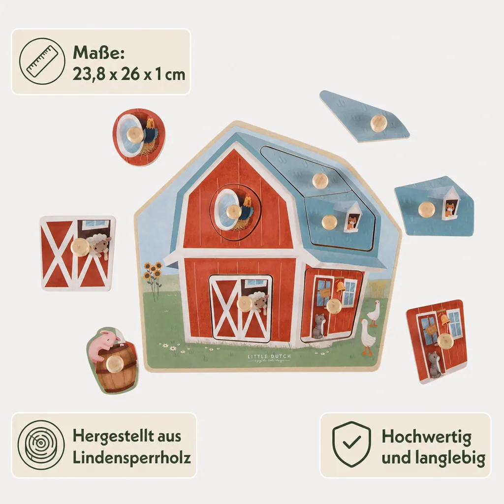 Little Dutch Holzpuzzle, Kinderpuzzle Little Farm - 6 Teile für Kleinkinder ab 1 Jahr