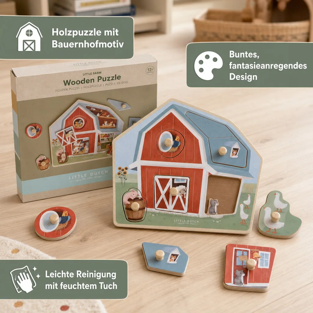 Little Dutch Holzpuzzle, Kinderpuzzle Little Farm - 6 Teile für Kleinkinder ab 1 Jahr
