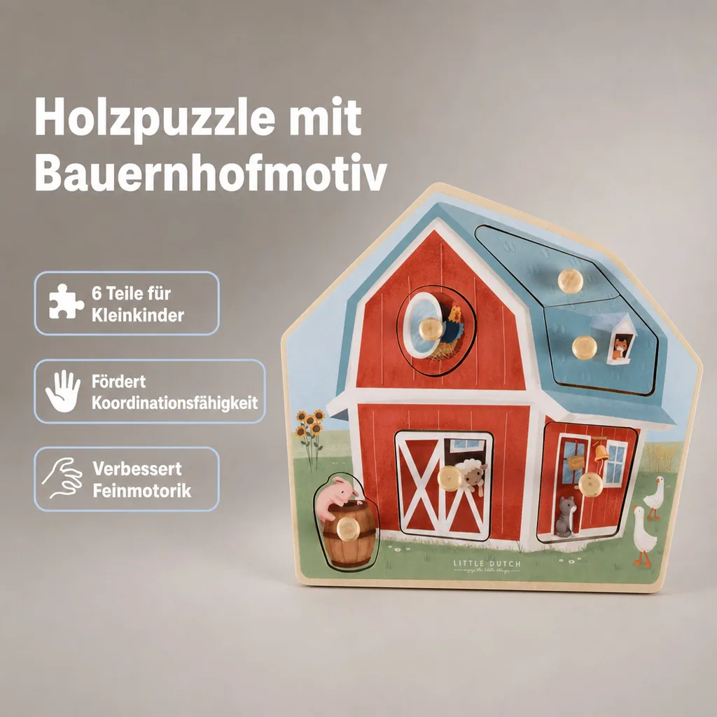 Little Dutch Holzpuzzle, Kinderpuzzle Little Farm - 6 Teile für Kleinkinder ab 1 Jahr