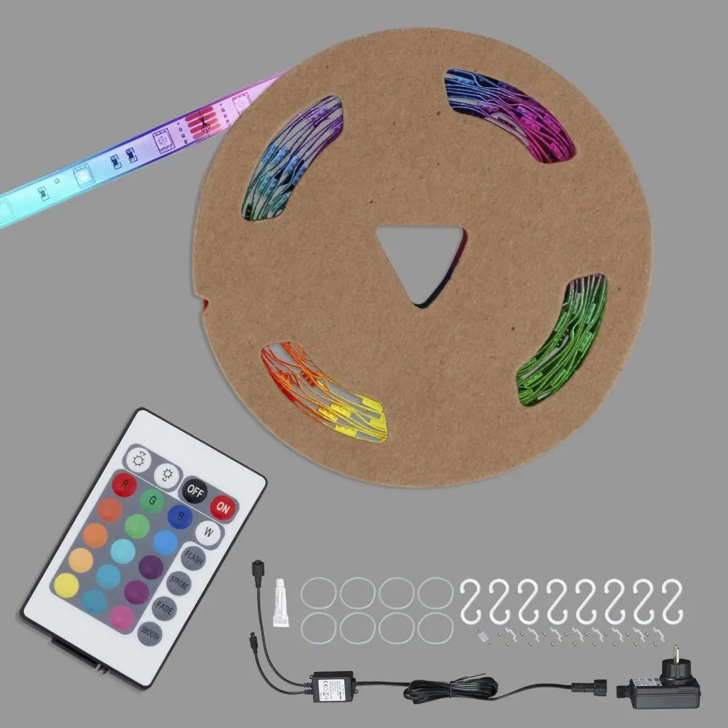 RGB-LED Flexband für den Außenbereich, 5m, IP44,  150 RGB-LEDs, mit Fernbedienung, inklusive Befestigungsset