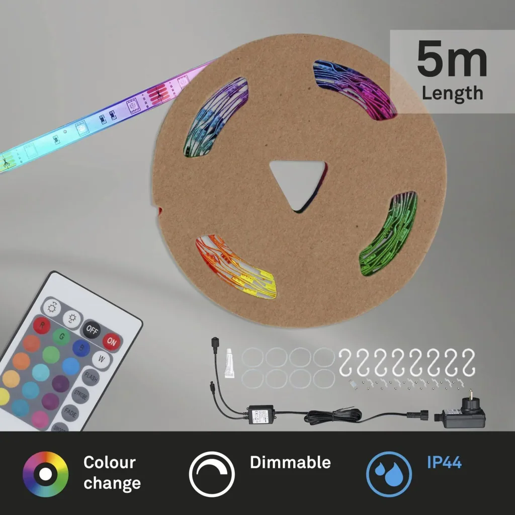 RGB-LED Flexband für den Außenbereich, 5m, IP44,  150 RGB-LEDs, mit Fernbedienung, inklusive Befestigungsset