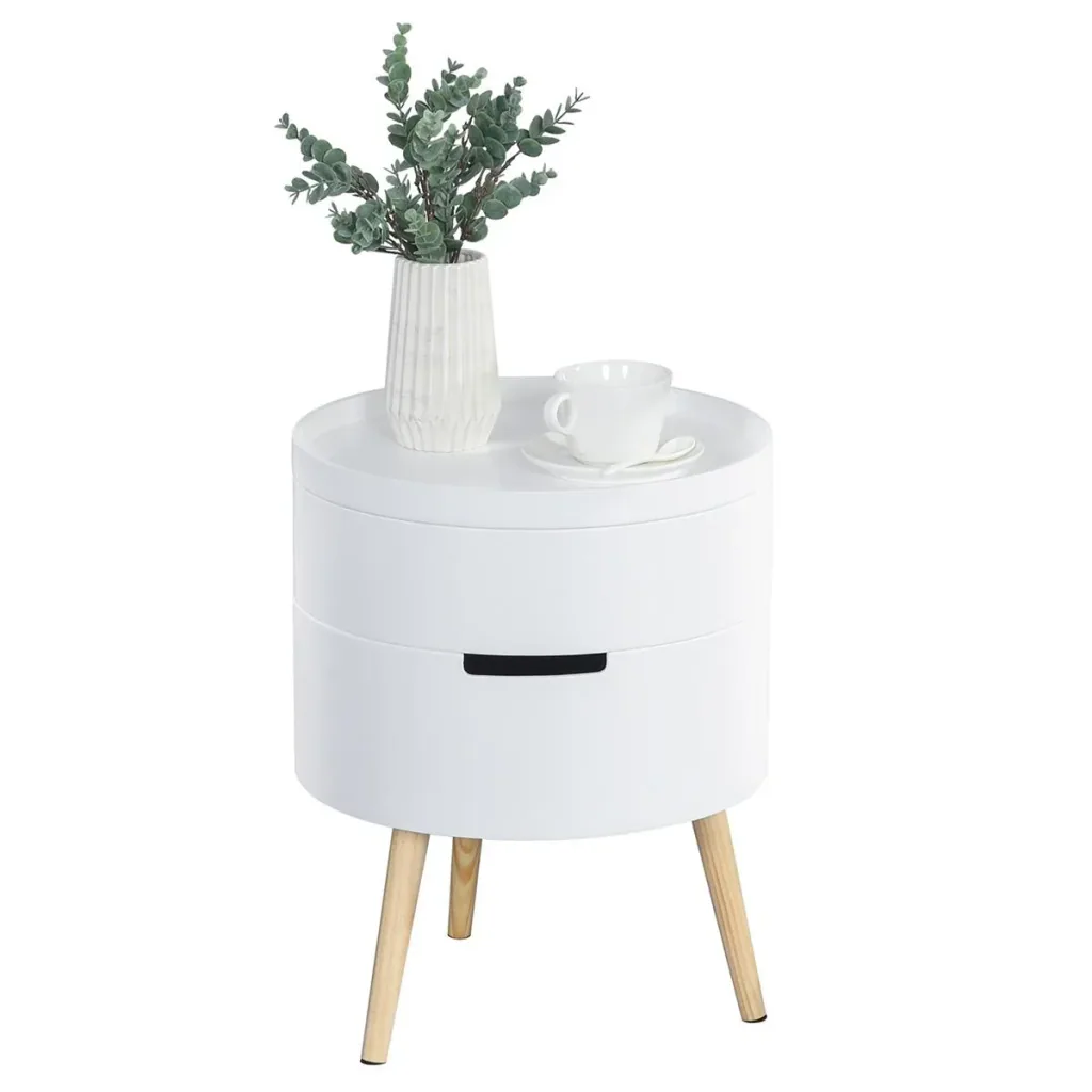 Nachttisch rund Beistelltisch Sofatisch mit 2 Stauräume Couchtisch frei kombinierbar Wohnzimmer Holz Weiß Ø38 x 48,3 cm