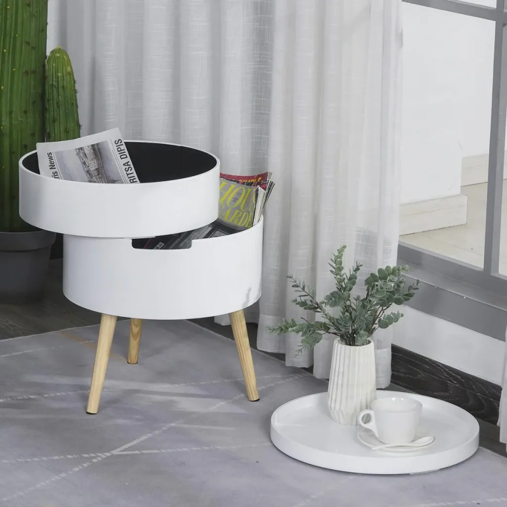 Nachttisch rund Beistelltisch Sofatisch mit 2 Stauräume Couchtisch frei kombinierbar Wohnzimmer Holz Weiß Ø38 x 48,3 cm
