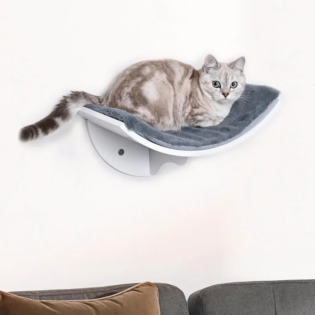 Katzenliege Katzen Wandliege Katzenbett Katzenregal Wandmontage Plüschauflage MDF Weiß+Grau 41 x 28 x 21 cm