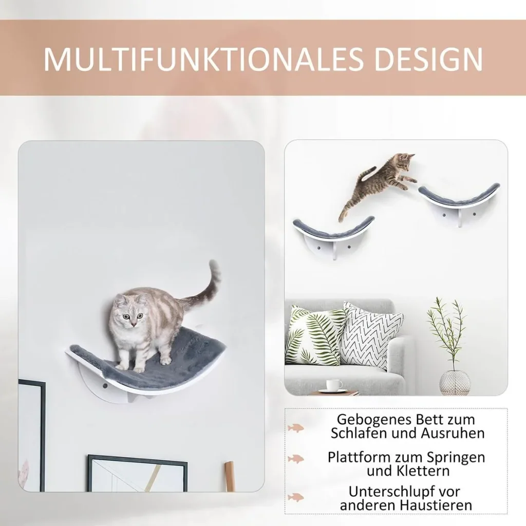 Katzenliege Katzen Wandliege Katzenbett Katzenregal Wandmontage Plüschauflage MDF Weiß+Grau 41 x 28 x 21 cm