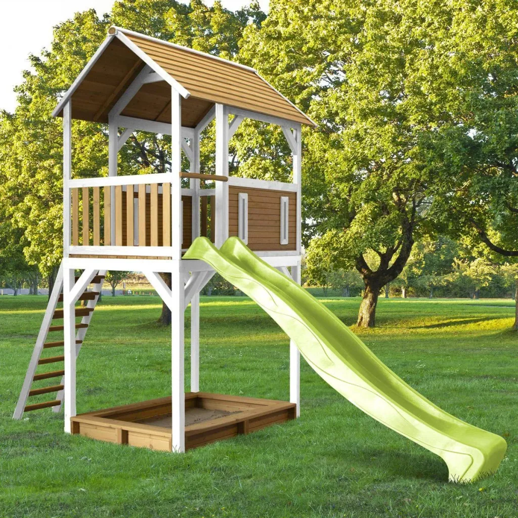 Dory Spielturm Braun/Weiß - Lindgrüne Rutsche