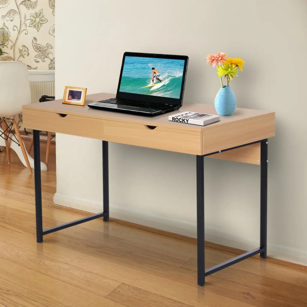 Schreibtisch PC-Tisch Computertisch mit 2 Schubladen Holz + Metall Natur 120 x 52 x 76,2 cm