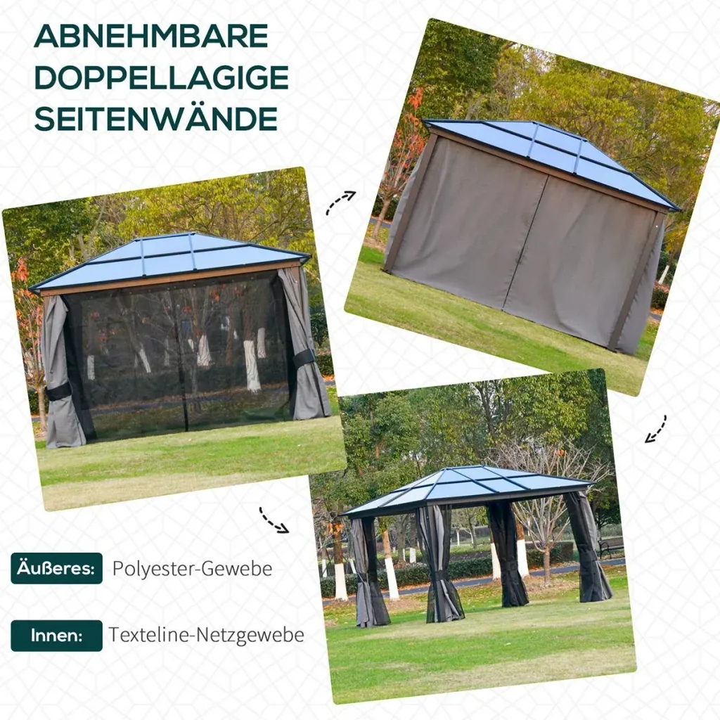 Luxus Pavillon Gartenpavillon Alu Partyzelt Gartenzelt mit lichtdurchlässigem PC Dach Dunkelgrau+Schwarz 300 x 360 x 265