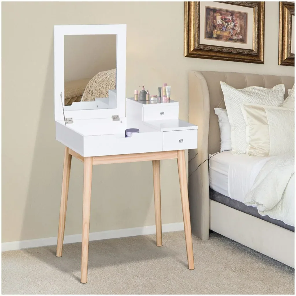Schminktisch Frisiertisch Kosmetiktisch mit aufklappbarem Spiegel Weiß