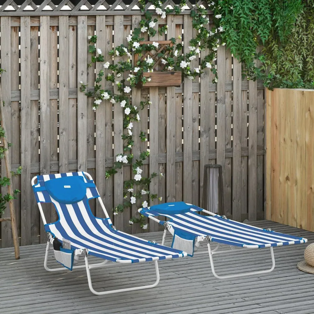 2er-Set Sonnenliege Gartenliege mit Leseöffnung 5-stufig einstellbar Gartenmöbel PVC-Gewebe+Metall Blau+Weiß 182 x 55 x